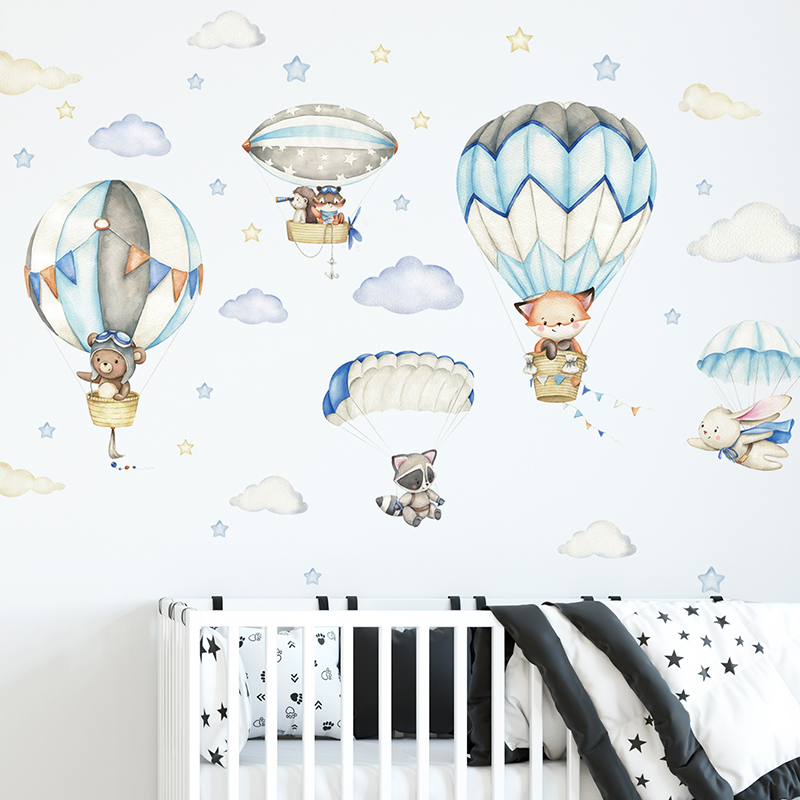 Cartoon Cute Animals Hot Air B - Baby Nursery Wall Stickers review and price