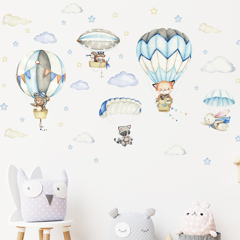 Cartoon Cute Animals Hot Air B - Baby Nursery Wall Stickers review and price