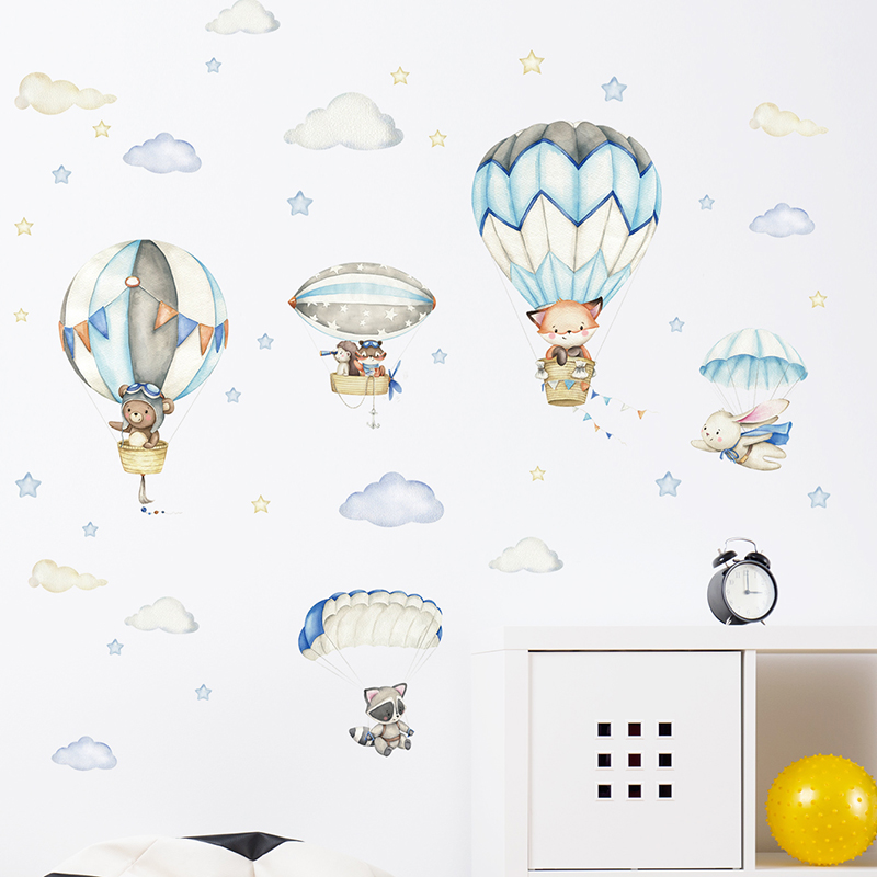 Cartoon Cute Animals Hot Air B - Baby Nursery Wall Stickers review and price