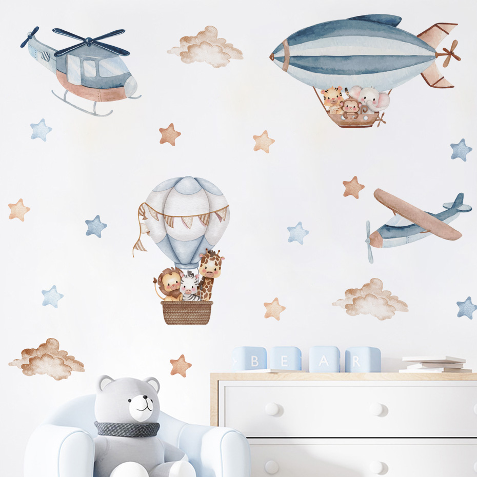 Watercolor Animals Hot Air Bal - Baby Nursery Wall Stickers review and price