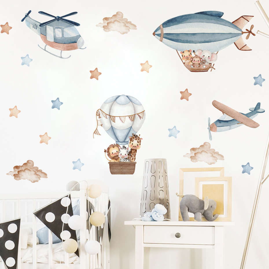 Watercolor Animals Hot Air Bal - Baby Nursery Wall Stickers review and price