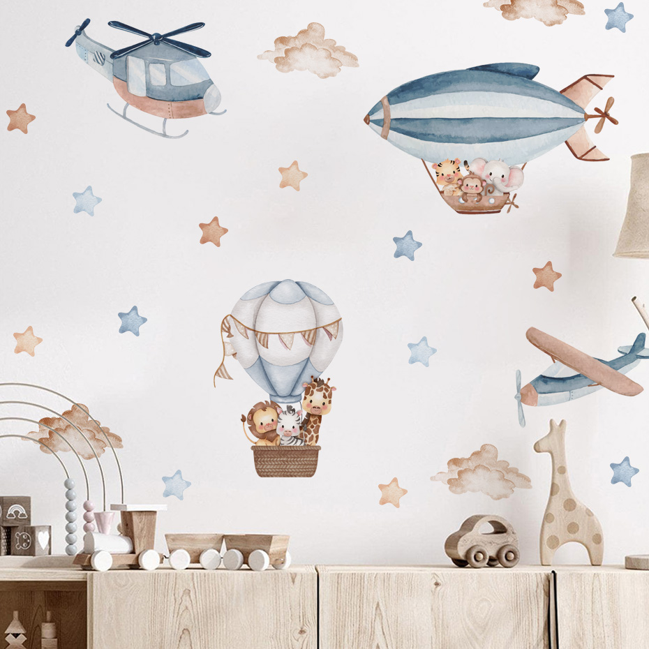 Watercolor Animals Hot Air Bal - Baby Nursery Wall Stickers review and price