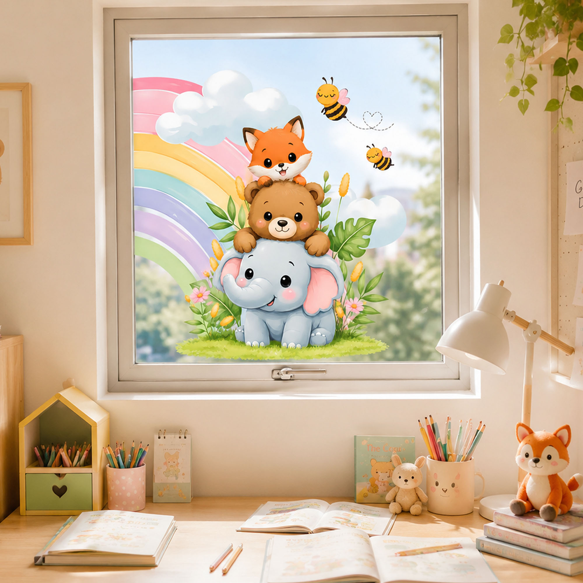 Cute Elephant Bear Fox Window  - Baby Nursery Wall Stickers review and price